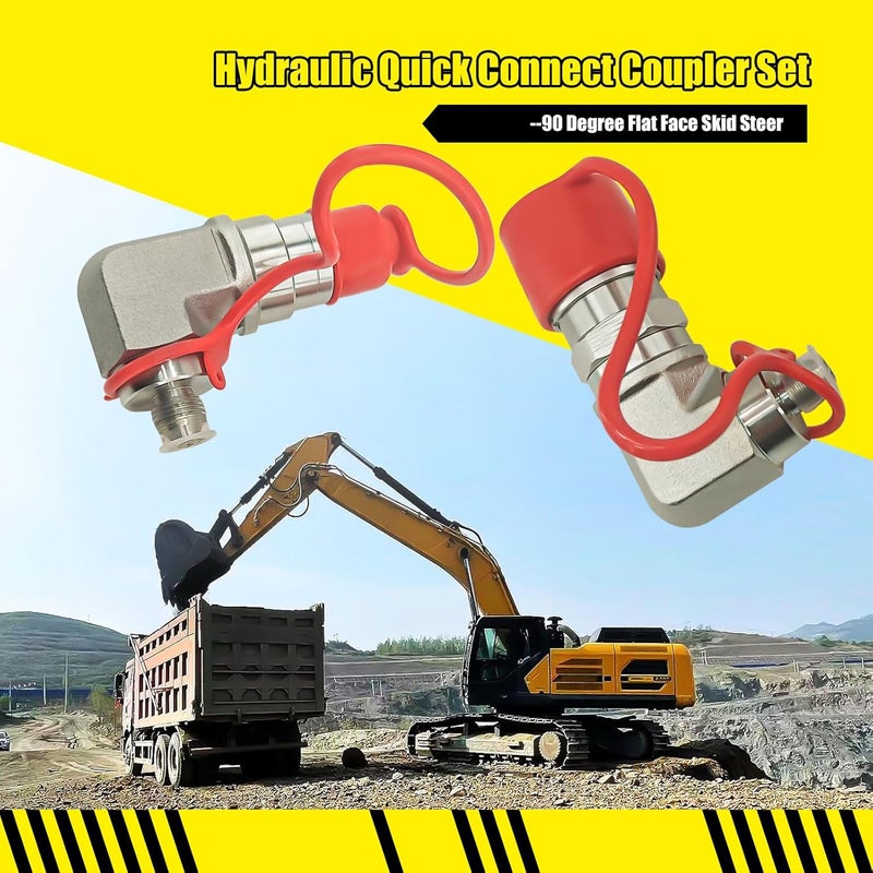 LOSTAR 90 Degree Flat Face Hydraulic Quick Connect Coupler Set for Skid Steer, Heavy-Duty Carbon Steel Fittings with Elbow 3/8" JIC Male Thread and Dust Cap - Image 3